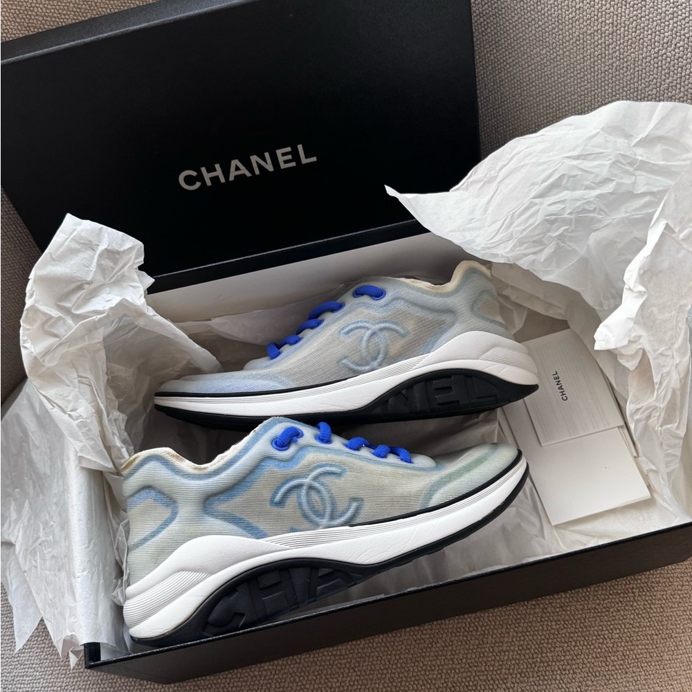 CHANEL White Blue Mesh Sneakers Lace Up Low Top Logo